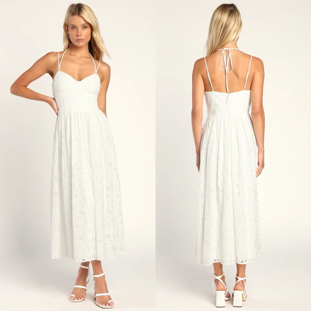 NWT Lulus Striving for Elegance White Crochet Lace Bustier Midi Dress